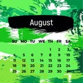 Green background for august 2024 year. Square calendar planner for month. Template for design