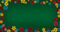 A green background is bordered by a colorful array of flowers in red, yellow, blue, an
