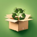 Green background with cardboard box featuring recycle symbol, eco concept Royalty Free Stock Photo