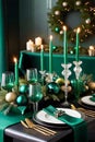 Green background Christmas dinning setting.