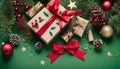 A green background with Christmas presents, ornaments and a bow Royalty Free Stock Photo