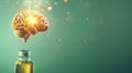 On green background, 3D illustration of a light bulb in the brain with a bottle of essence of chicken on the left bottom Royalty Free Stock Photo