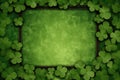 Green Background With Empty Space With Frame Of Fourleaf Clover. Generative AI