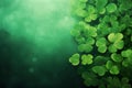 Green background with four-leaf clovers on the right side. St. Patrick\'s banner with Irish shamrocks and copy space