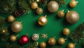 A green background with gold and red christmas ornaments Royalty Free Stock Photo