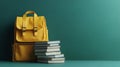 A green-background image of a backpack overflowing with academic materials, including books and notebooks Royalty Free Stock Photo