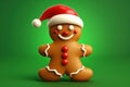 On green background of isolated gingerbread cookie in santa hat, symbol of joy during the Christmas season, adorned with