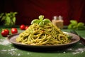 Pasta with pesto, genovese spaghetti on green background Royalty Free Stock Photo