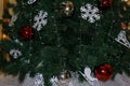 The green background is pine tree. The Christmas tree decor white snowflake, gold ball, white ball and red ball. The red ball is d