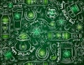 Green background for St. Patrick`s Day with beer bottle, mug, h