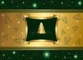 Green background with stars and Gold Christmas tre