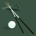 Two cues, a triangle, a billiard ball on a pool table Royalty Free Stock Photo