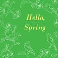 green background with white birds on branches. Vector banner. Floral illustration. Spring garden. Hello spring