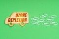 On a green background, a wooden truck with the inscription - ozone depletion