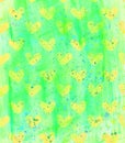 Green background with yellow hearts and watercolor spots