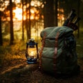 A green backpack with brown leather straps rests on the forest floor. Beside it, a lit Royalty Free Stock Photo