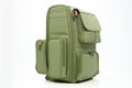 green backpack with side pockets, profile view on white surface