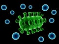 Green bacteria on blue cells