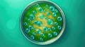 Green bacteria and virus cells in petri dish at scientific laboratory. Mold culture PDA agar. Generative AI. Royalty Free Stock Photo