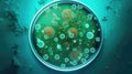 Green bacteria and virus cells in petri dish at scientific laboratory. Mold culture PDA agar. Generative AI. Royalty Free Stock Photo