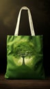 A green bag with a picture of a tree on it