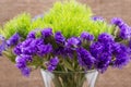 Green Ball Dianthus Barbatus Sweet William and Dark Purple Statice Limonium sinuatum Flowers  on natural burlap. Purple Royalty Free Stock Photo