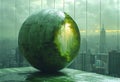 A green ball on a rim with a cityscape. A striking image of a massive green sphere positioned