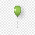 Green balloon 3D, thread, isolated white transparent background. Color glossy flying baloon, ribbon for birthday