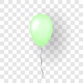 Green balloon 3D, thread, isolated white transparent background. Color glossy flying baloon, ribbon, birthday celebrate