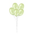 Green balloons bundle, boy girl kids birthday surprise. Hand drawn watercolor illustration isolated on white background