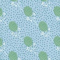 Green balloons with dashes seamless pattern. Love theme with holiday ornament and hearts on blue dotted chequered background Royalty Free Stock Photo