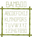 Green bamboo alphabet inside of wooden stick frame isolated on white background