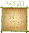 Green bamboo alphabet inside of wooden stick frame on old paper background