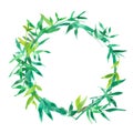 Green bamboo leaves frame, natural wreath circle frame, isolated watercolor illustration