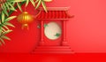 Green bamboo, traditional Chinese gate and lanterns lampion, moon paper cut cloud. Royalty Free Stock Photo