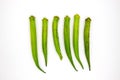 Green bamia in row on white background. Tropical vegetable top view photo. Exotic plant with edible green pod