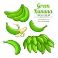 Green banana fruit set Royalty Free Stock Photo