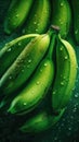 Green bananas with water drops, close-up shot on black background. AI Generated.