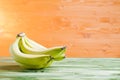 Green bananas on a green chalkboard on the background of yellow