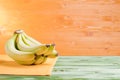 Green bananas on a green chalkboard on the background of yellow