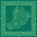 Green bandana print with flowers in ornamental frame. Square silk scarf