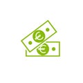 Green bank note with euro sign. Flat icon isolated on white. Money pictogram. Dollar and cash, coin Royalty Free Stock Photo