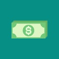 Green bank notes with dollar sign. Flat icon isolated on blue. Money pictogram