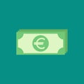 Green bank notes with euro sign. Flat icon isolated on blue. Money pictogram