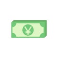Green bank notes with yen sign. Flat icon isolated on white. Money pictogram