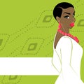 Green banner with dark-skinned woman