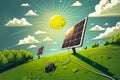 Green banner design, solar panel, power plant against a green field, the concept of saving the planet and energy Royalty Free Stock Photo