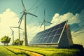 Green banner design, solar panel, power plant against a green field, the concept of saving the planet and energy Royalty Free Stock Photo