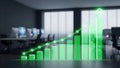 A green bar graph showing business growth and success in a modern office environment with computers and large windows Royalty Free Stock Photo