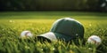 green baseball cap lies on green grass between two baseballs photo from below